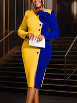 AOMEIDRESS Bodycon Colorblock Party Dress With 3D Flower Long Sleeve