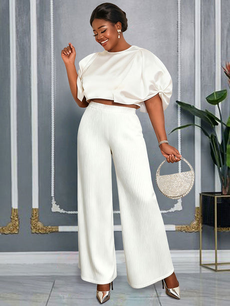 AOMEIDRESS Elegant Set Satin Puff Sleeve Top Wide Leg Pants for Party