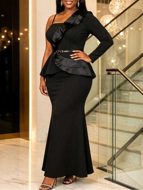 AOMEIDRESS Two Piece Set One Shoulder Strap Peplum Top Mermaid Skirt