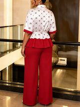 AOMEIDRESS Two Piece Set Turn Down Collar Printed Tops Wide Leg Pants