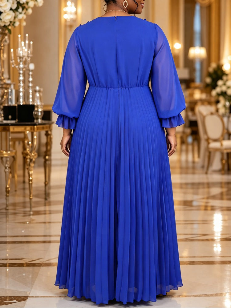 AOMEIDRESS Chiffon Dress V Neck Ruffle Long Sleeve Pleated Rhinestone