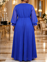 AOMEIDRESS Chiffon Dress V Neck Ruffle Long Sleeve Pleated Rhinestone