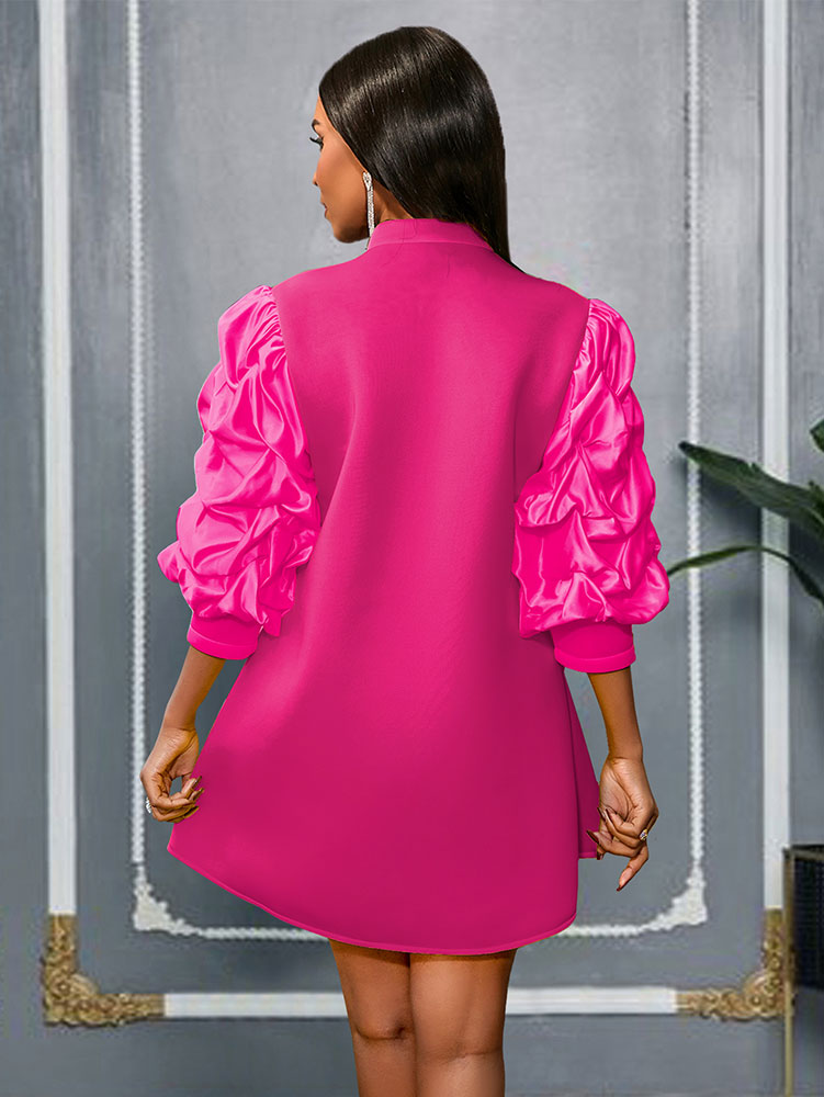 AOMEIDRESS Elegant A Line Mini Dress Folds Puff Sleeves Front Zipper