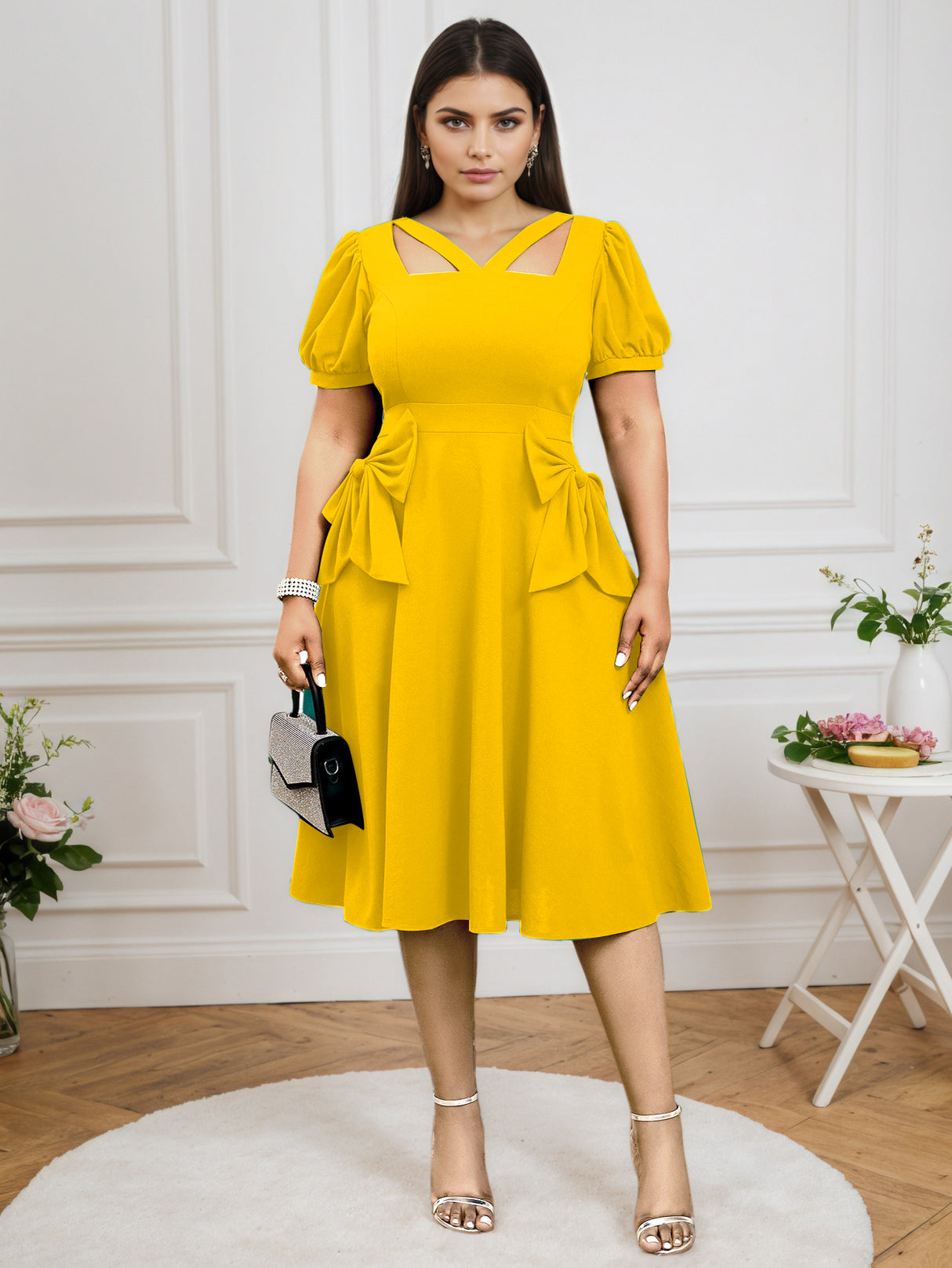 AOMEIDRESS V Neck Cut Out Short Sleeves Bows High Waist A Line Dress