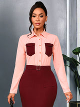 AOMEIDRESS Elegant Colorblock Turn Down Collar Long Sleeves Shirt