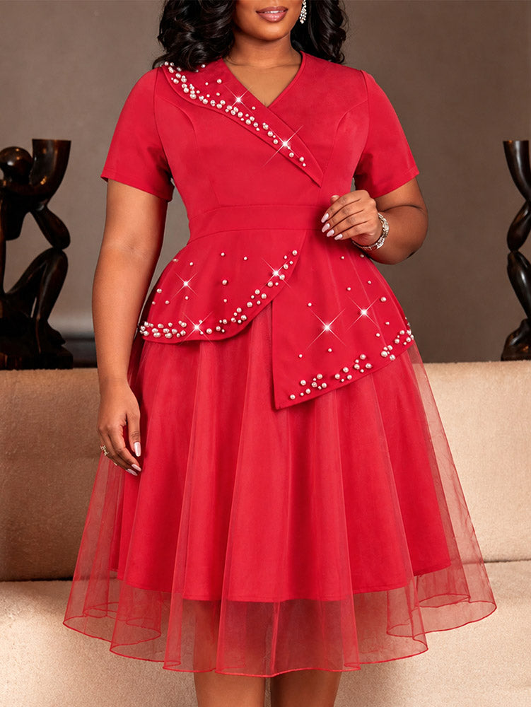 AOMEIDRESS A Line Dress V Neck Short Sleeves Beading Peplum Mesh Hem
