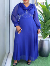 AOMEIDRESS Chiffon Dress V Neck Ruffle Long Sleeve Pleated Rhinestone