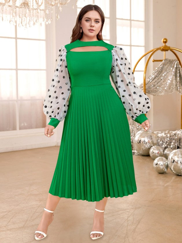 Polka Dots Print mesh patchwork lantern sleeve dresses for women