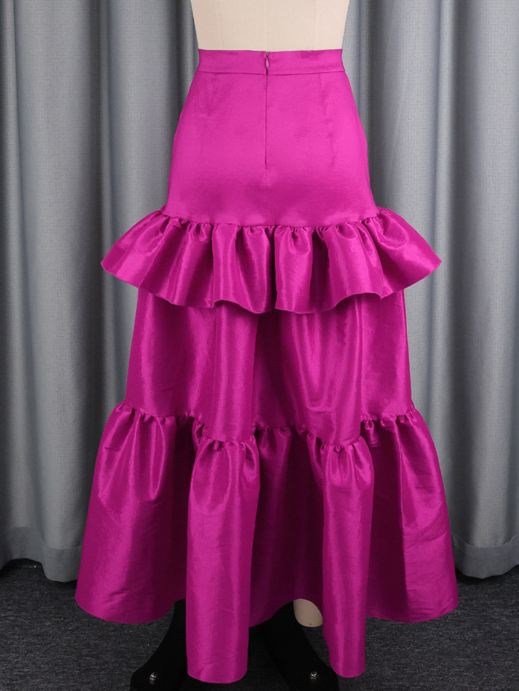 AOMEIDRESS Women A Line Shiny Skirt High Waist Tierred Ruffles Slim