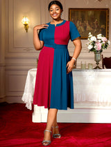 AOMEIDRESS Elegant A Line Midi Color Block Dress for Party Church