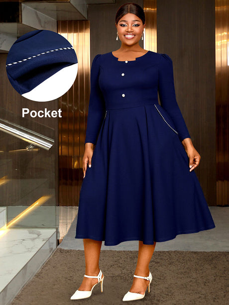 AOMEIDRESS Elegant Women A Line Pleated Dress Button with Pocket Navy / L