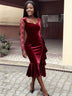 AOMEIDRESS Velvet Mermaid Dress Sweetheart Neck Lace Sleeves Ruffles