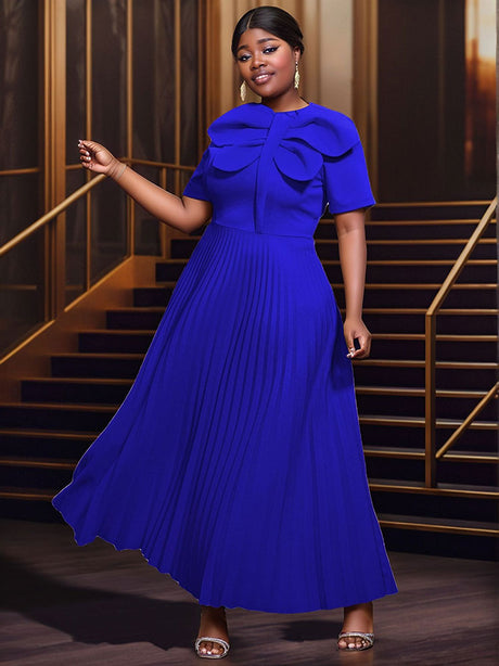 AOMEIDRESS Rose Pleated Dress O Neck Short Sleeves Big Bow High Waist Blue / S