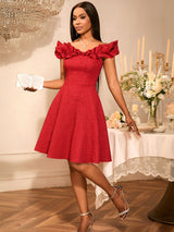 AOMEIDRESS Off Shoulder A Line Dress Puff Sleeve 3D Ruffles for Party
