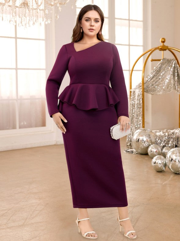 AOMEIDRESS Purple maxi Dress Asymmetrical Neck Long Sleeve Peplum