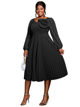 AOMEIDRESS V Neck Pleated Dress 3D Flowers Long Lantern Sleeve A-Line