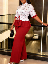 AOMEIDRESS Two Piece Set Turn Down Collar Printed Tops Wide Leg Pants