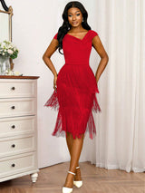 AOMEIDRESS Fringe Dresses for Women Deep V Neck Sexy Party Dress Red / S