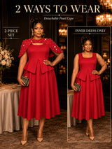 AOMEIDRESS Women Two Piece Set Beaded Cape Peplum A Line Tank Dress