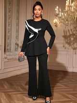 AOMEIDRESS Elegant Office Two Piece Set Long Sleeve Tops Flared Pants