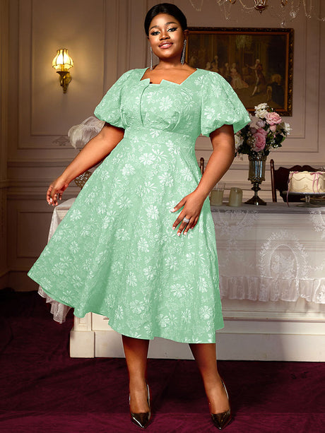 AOMEIDRESS Puff Sleeve Jacquard Dress Classic A Line Fit for Curvy Chic Style