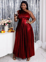 Gold Party Dress Long For Holiday One Shoulder Maxi Shiny Pleated Wine / S