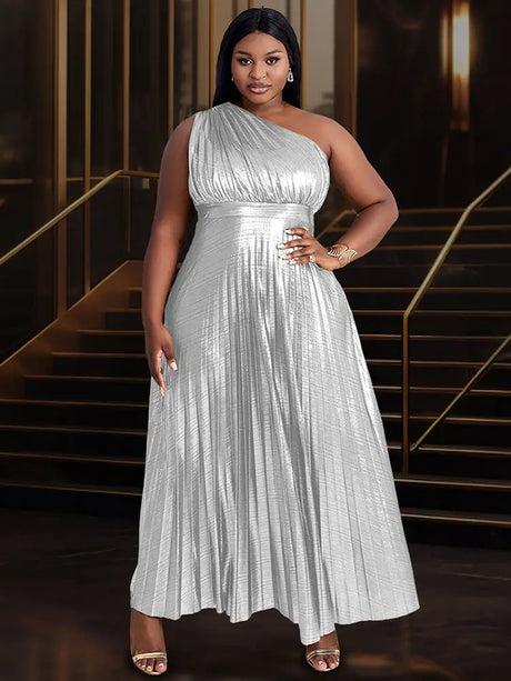 Gold Party Dress Long For Holiday One Shoulder Maxi Shiny Pleated Silver / S