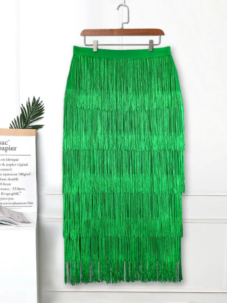 Green Blue Black Ladies Fringe Bodycon Pencil Skirts Green / S