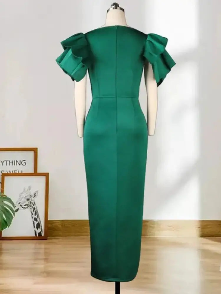 Chic Green Short Cloak Sleeve Ruffles High Slit Long Prom Dresses Women Clothing Spring Summer Fashion Red Carpet Ready
