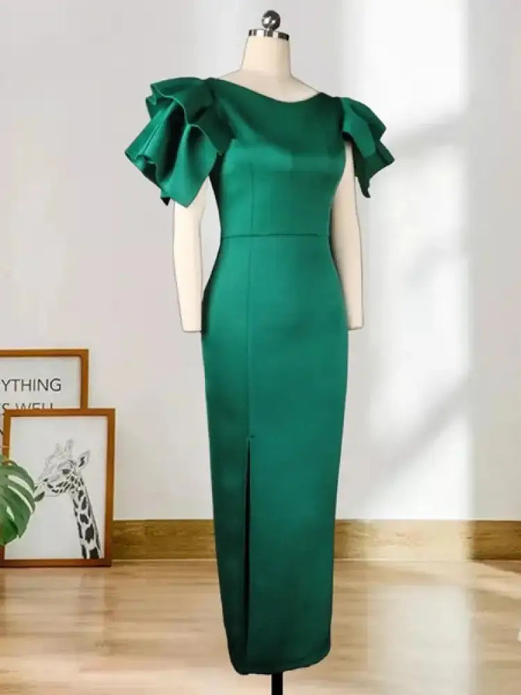 Elegant Green Cloak Sleeve Ruffle Detail High Slit Long Party Dress for Women Clothing Spring Summer Night Out Fashion Statement
