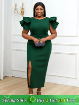 Green Short Cloak Sleeve Ruffles High Slit Long Party Dress
