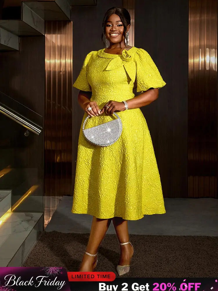 Jacquard Dresses A Line 3D Yellow Flower Short Puff Sleeve