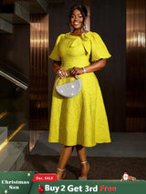 Jacquard Dresses A Line 3D Yellow Flower Short Puff Sleeve