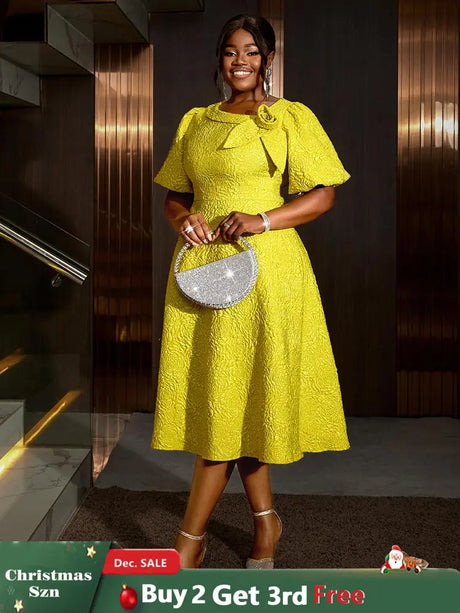 Jacquard Dresses A Line 3D Yellow Flower Short Puff Sleeve