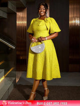 Jacquard Dresses A Line 3D Yellow Flower Short Puff Sleeve