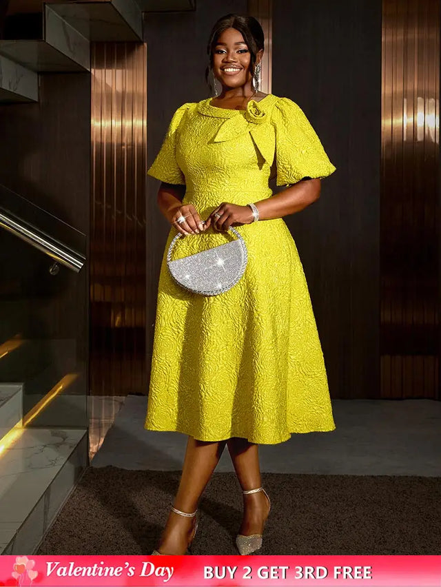 Jacquard Dresses A Line 3D Yellow Flower Short Puff Sleeve