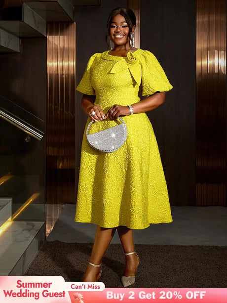 Jacquard Dresses A Line 3D Yellow Flower Short Puff Sleeve