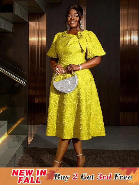 Jacquard Dresses A Line 3D Yellow Flower Short Puff Sleeve
