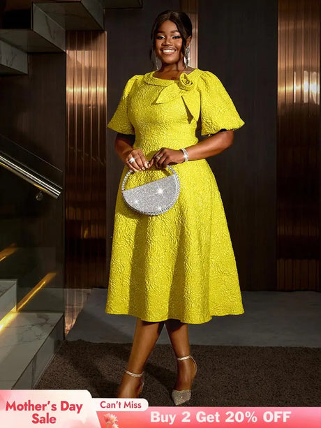 Jacquard Dresses A Line 3D Yellow Flower Short Puff Sleeve