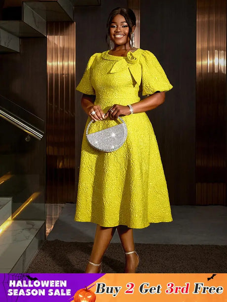 Jacquard Dresses A Line 3D Yellow Flower Short Puff Sleeve