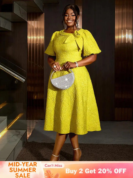 Jacquard Dresses A Line 3D Yellow Flower Short Puff Sleeve