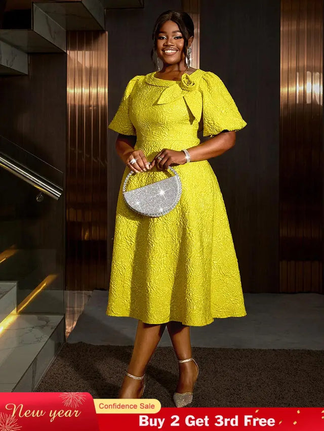 Jacquard Dresses A Line 3D Yellow Flower Short Puff Sleeve