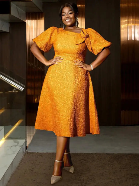 Jacquard Dresses A Line 3D Yellow Flower Short Puff Sleeve Orange / S