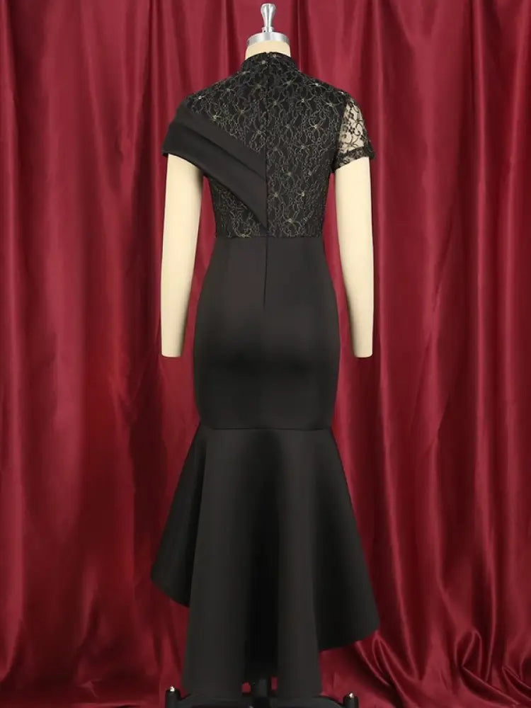 Lace Patchwork Sheer Sleeves Black Mermaid Long Dress