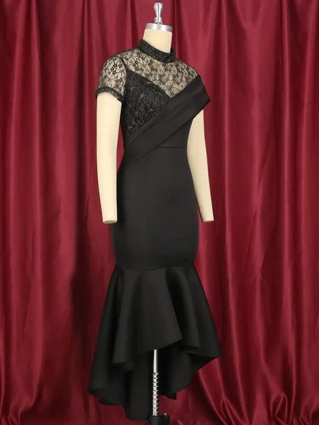 Lace Patchwork Sheer Sleeves Black Mermaid Long Dress