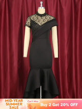 Lace Patchwork Sheer Sleeves Black Mermaid Long Dress Black / S