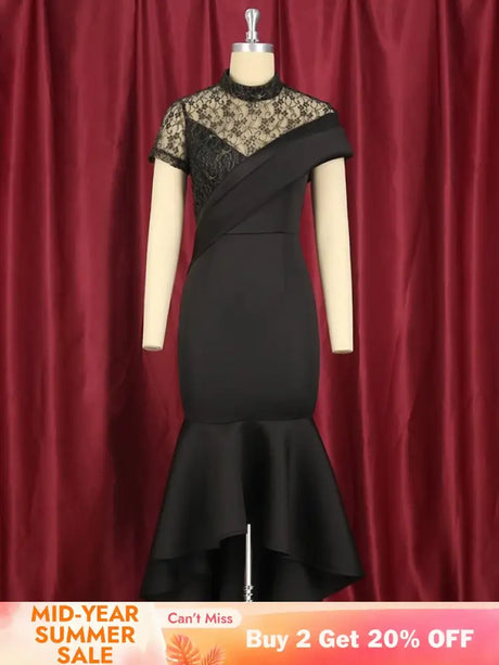 Lace Patchwork Sheer Sleeves Black Mermaid Long Dress Black / S