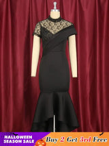 Lace Patchwork Sheer Sleeves Black Mermaid Long Dress Black / S