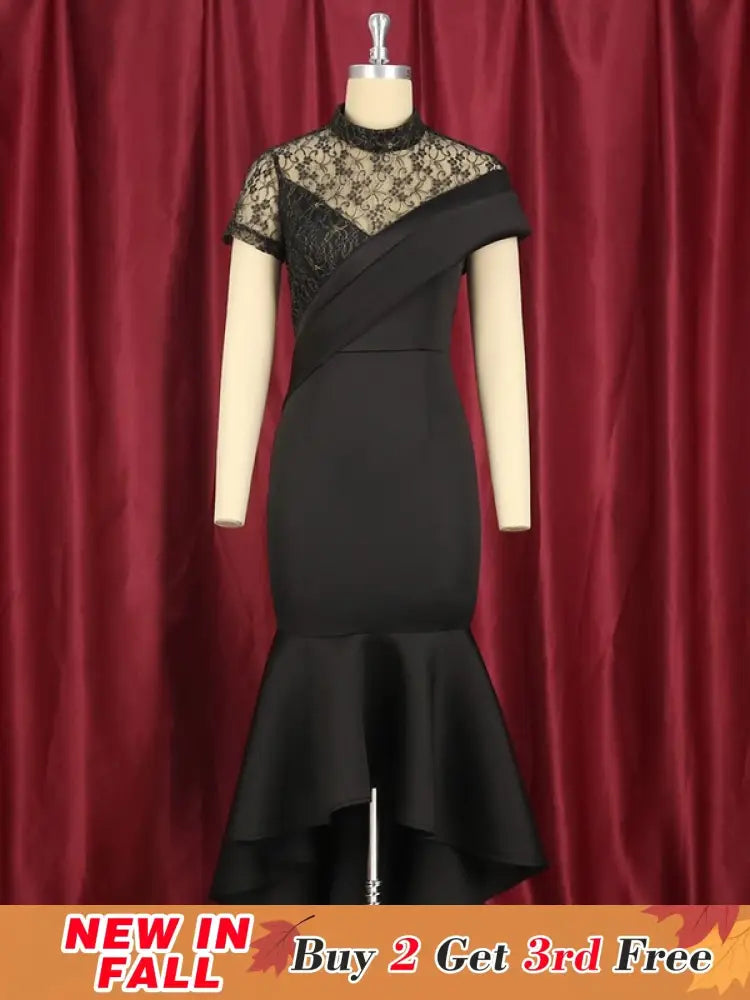 Lace Patchwork Sheer Sleeves Black Mermaid Long Dress Black / S