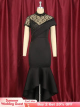 Lace Patchwork Sheer Sleeves Black Mermaid Long Dress Black / S